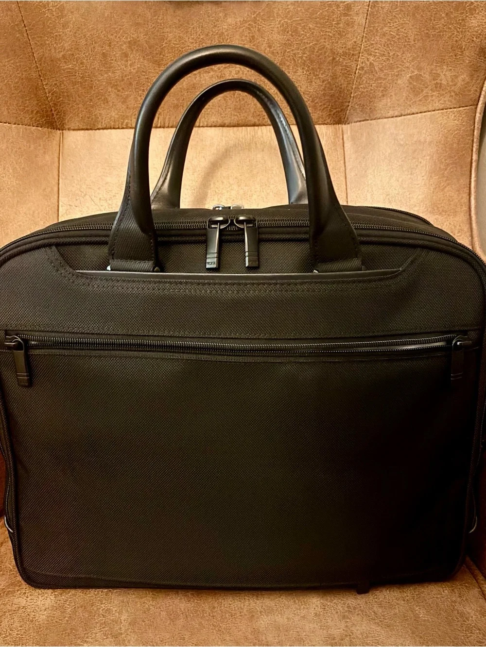 Tumi Black Nylon Briefcase with Leather Trim and Shoulder Strap